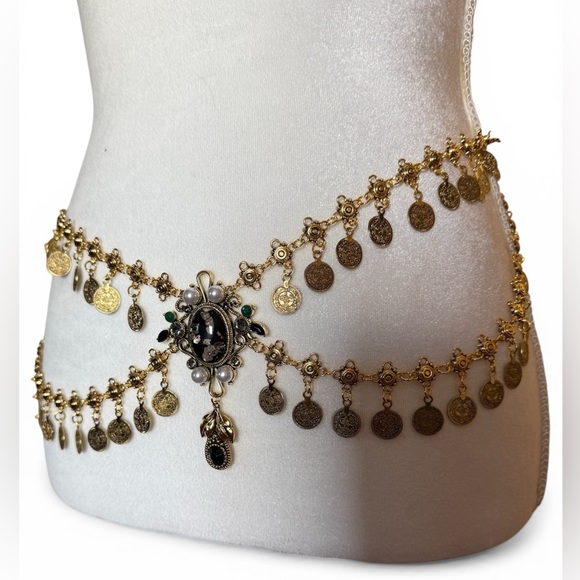 None Accessories - Stunning, Double Layer Coin “Gypsy” Chain Belt- up to 42 inches